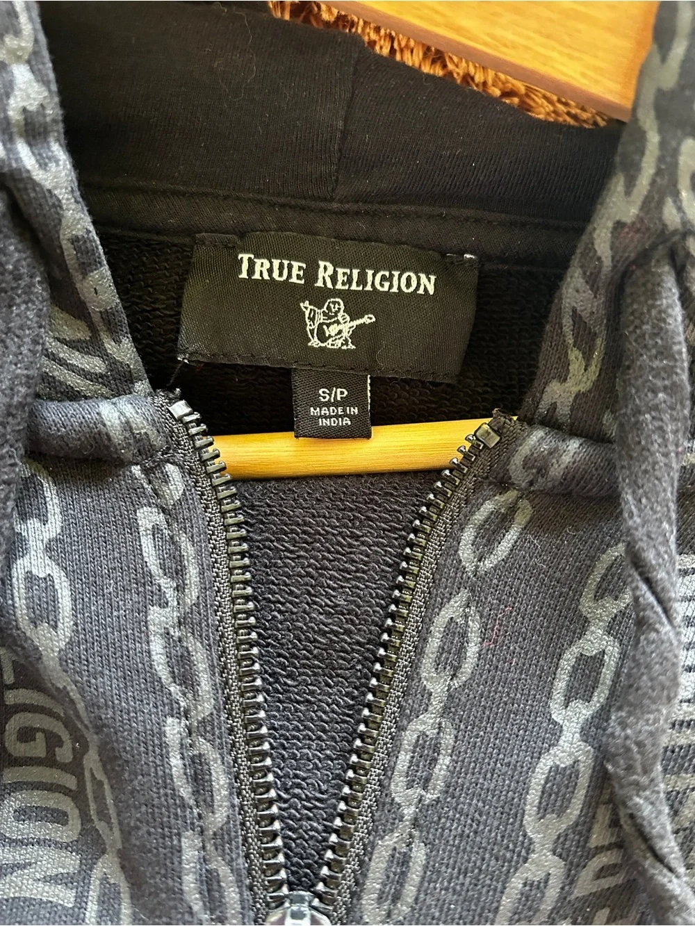 True Religion Black All-Over Logo Zip Hoodie